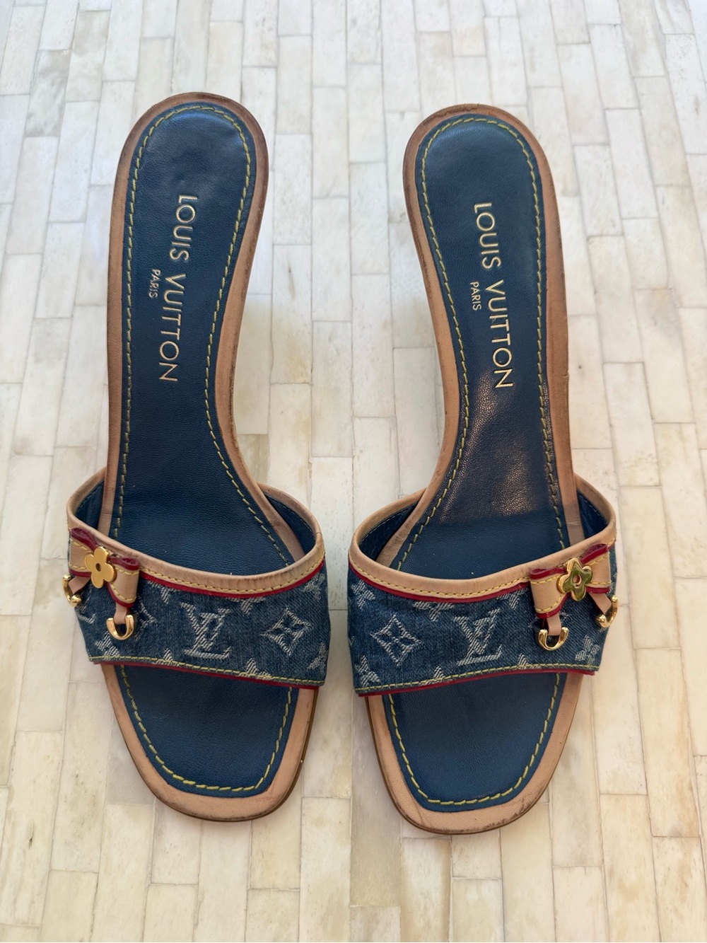 Louis Vuitton Vintage Monogram Blue Denim Charm Leather Bow Mules Kitten Heels